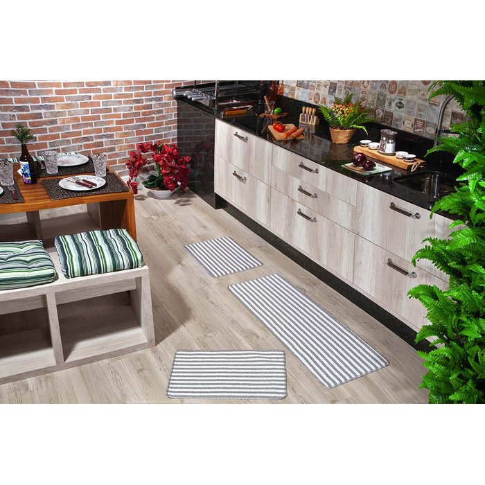 Kit Tapete Cozinha 3 Peças Listras Prata