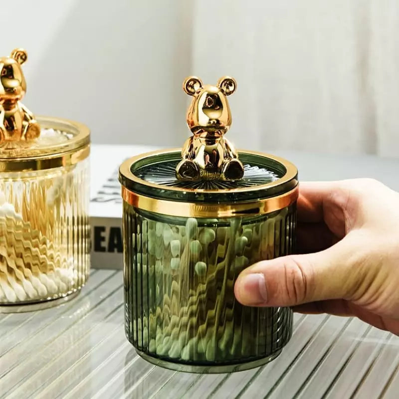 Organizador Porta Cotonete e Algodão Acrílico com Tampa Ursinho